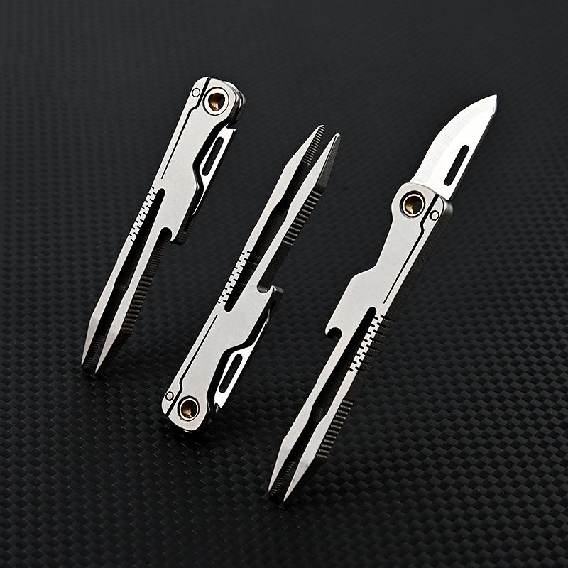 Titanlegeringspincett med kniv D2-stålblad Utomhus EDC Bärbart verktyg Platt huvud Ögonbrynsklämma Reparationsfixtur Uppackningsverktyg