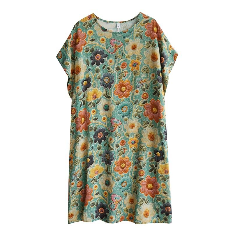 Short Sleeve Plus Size Cotton Vintage Floral New In Dresses for Women Casual Loose Long Summer Dress