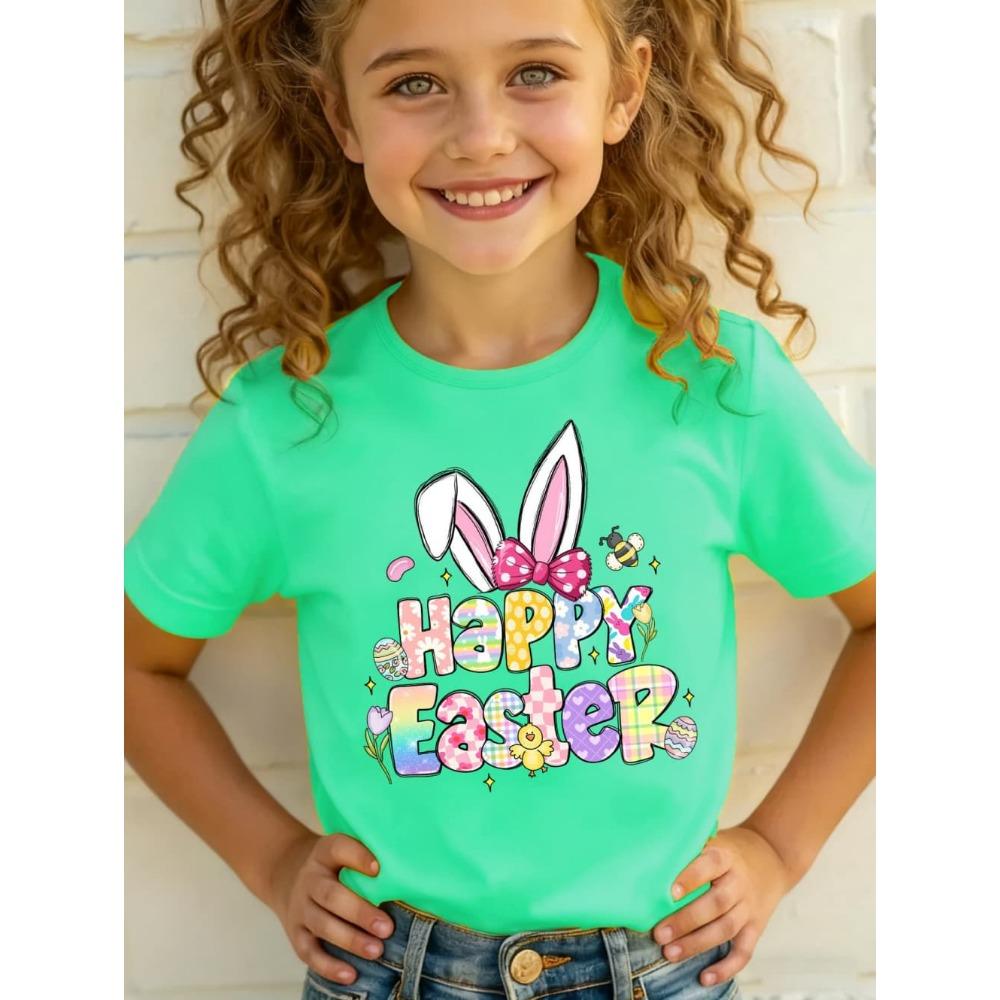 2026 Happy Easter T-Shirt for Girls Bunny Cute Rabbit Ear Letter Graphic Summer Tee Boys Girls Short Sleeve Children's Clothing