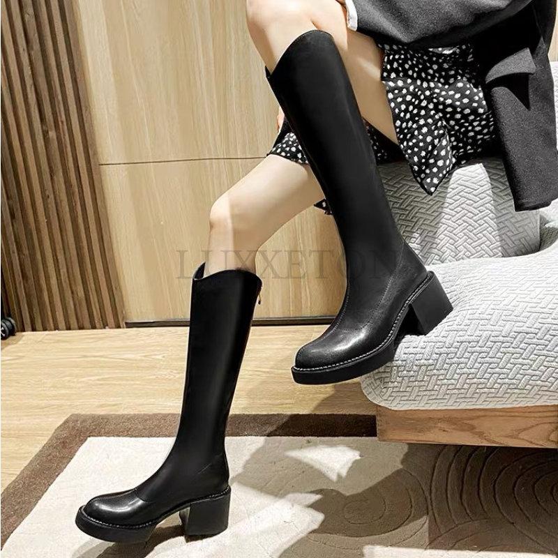 Fashion Women Black Thick Soled Ankle Boots Platform Square High Heel Women and Lower Leg Snow Short Patent PU Leather Round Head