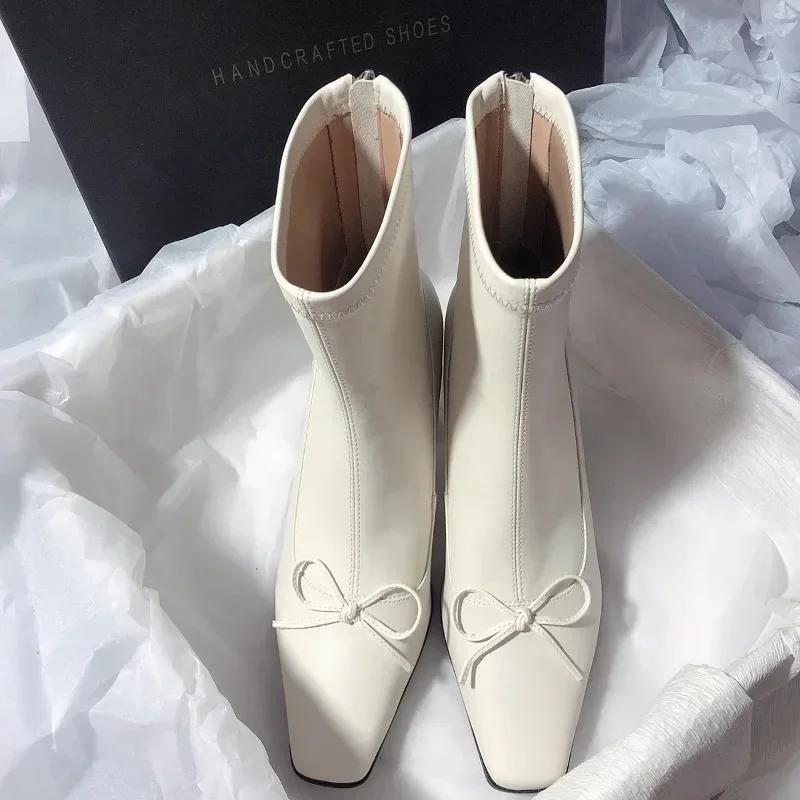 2025 Hot Sale Damesko Bakglidelås Dame Støvletter Sløyfeknute Ensfarget Moderne Støvletter Damer Nye Firkantet Tå Ankelstøvletter