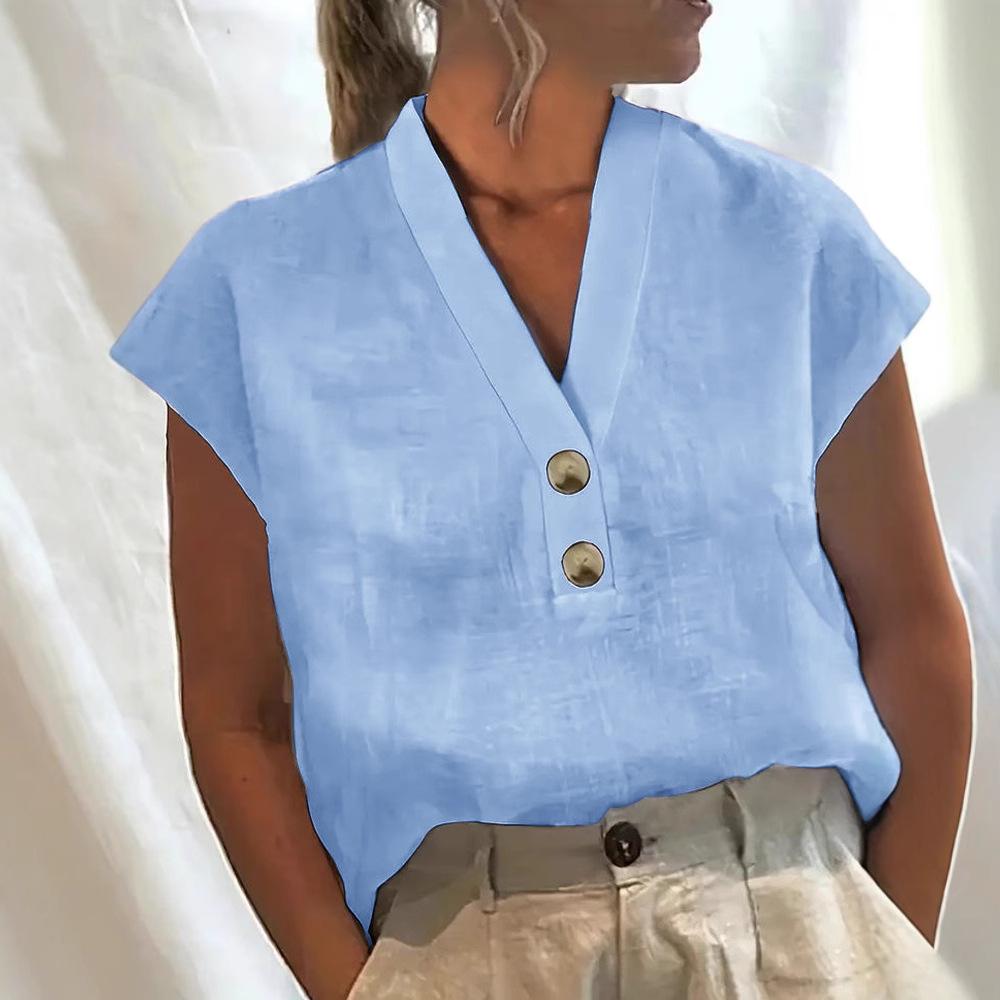 QICED Women's Fashion Casual Solid Color Print Short Sleeve V Neck Blouses & Shirts