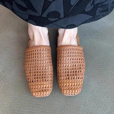 Retro One-pedal Woven Hollow Breathable Single Shoes, Children Wear Square Head Versatile Flat Shoes