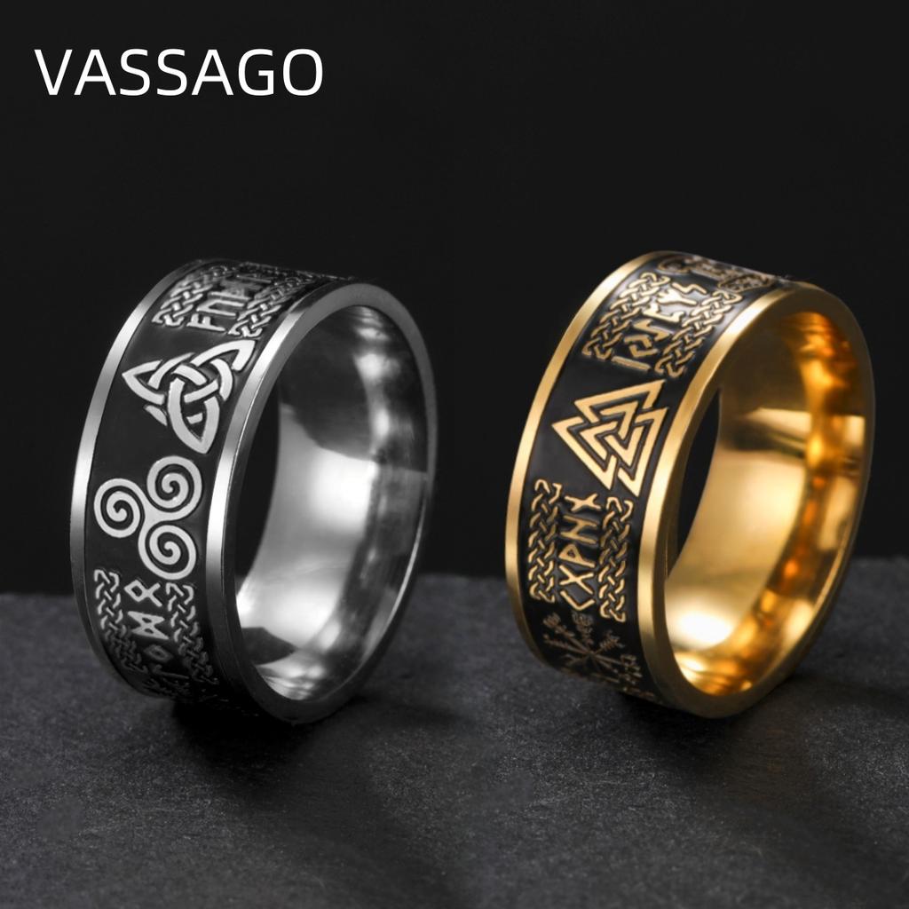 VASSAGO Viking Celtic Runes Ring For Men Triquetra Trinity Norse Jewelry Black Ring Good Luck Irish Mens Jewelry