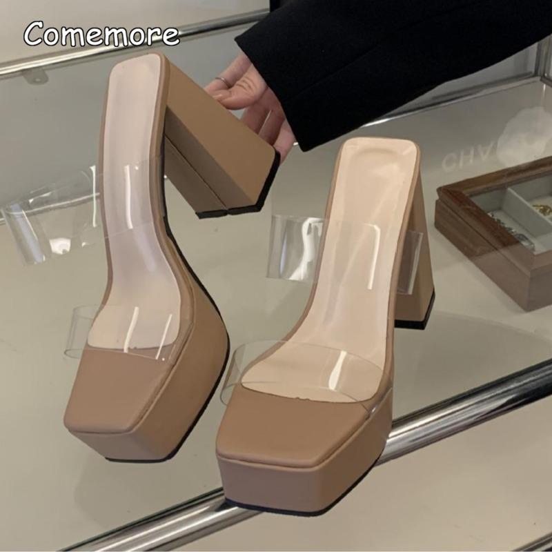 11cm Women's Platform Sandals Fashion Slip-on High Heel Sandals Clear PVC Strap Sexy Slides Ladies Party Dress Shoes Size 34-40