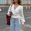 New Elegant Cross V-neck Knitted Women Short Sweater Autumn and Winter Pullover Irregular Casual Straps Lace-up Crop Tops Streetwer Slim Fit Clothes