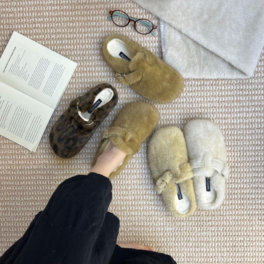 2025 winter new round head with velvet warm cotton shoes versatile Mary Jane thick-soled commuting fluffy women's half-drag