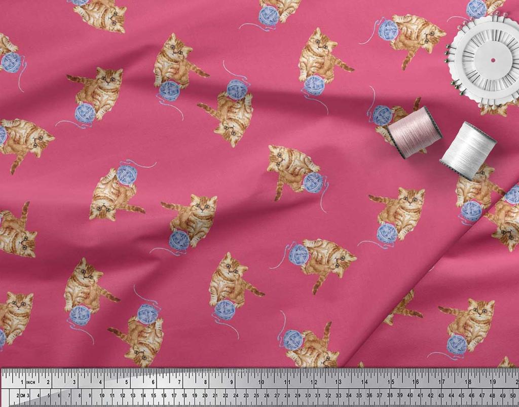 Soimoi Japan Crepe Satin Fabric Wool & Cat Animal Print Fabric by the Metre 42 Inch