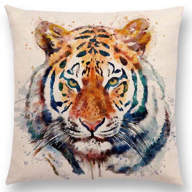 Watercolor Animals Cushion Cover Portrait Head Bighorn Lion Leopard Tiger Bear Eagle Horse Dogs  Home Sofa Throw Pillow Case