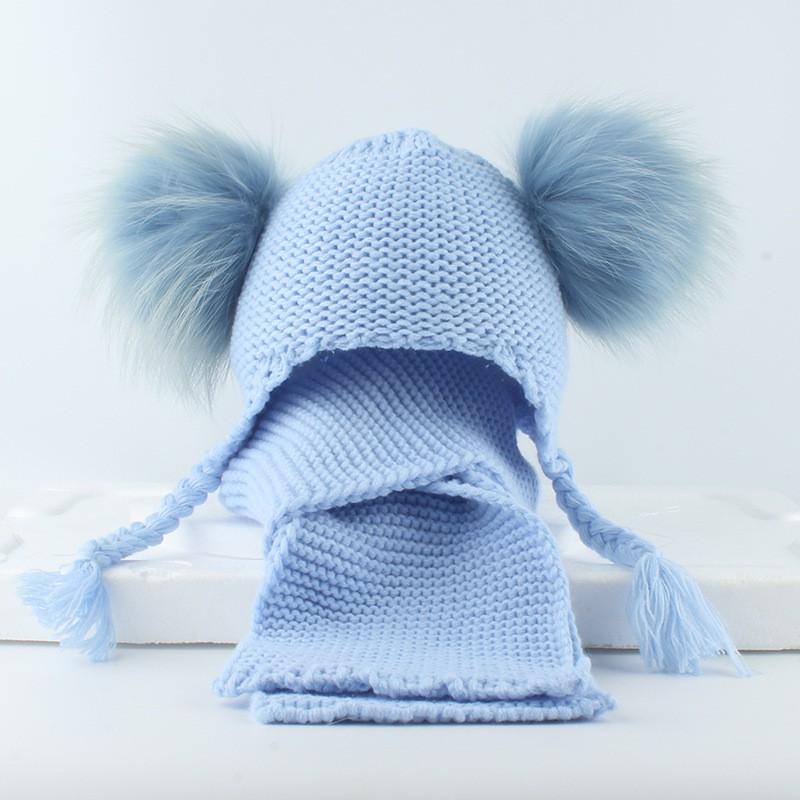 Kids Wool-Blend Knit Beanie With Double Pom Poms Ear Flaps Toddlers Ages 6M-12Y