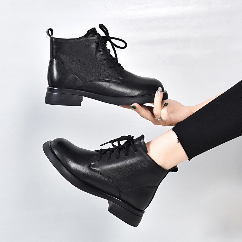Martin boots flat leather soft-soled small short boots spring and autumn single boots round head and ankle boots velvet women's leather shoes