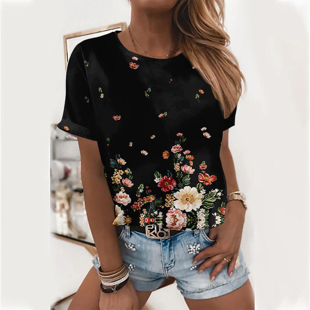 Crew Neck Women s Short Sleeve Floral Print Top Loose T-Shirts Women’s S