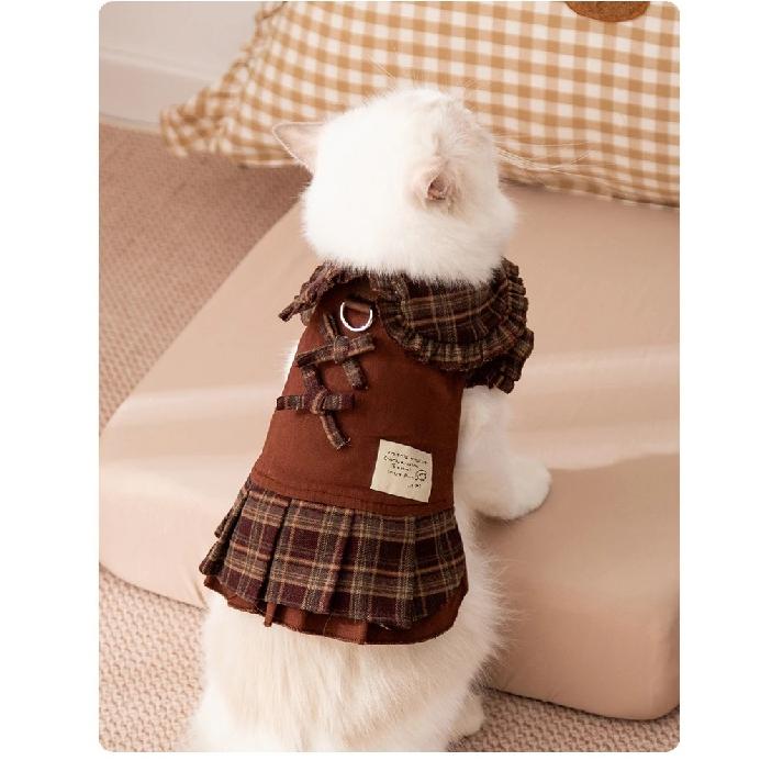 Pet Brown Plaid Dress  Autumn Winter Hoodie Cat Teddy Jacket Dog Dresses Puppy Clothes Draw Comfortable Warm Pet Bow Skirt