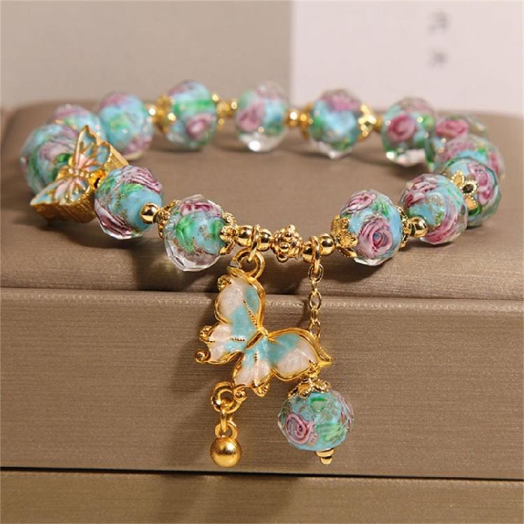 Glass Bead Butterfly Pendant Bracelet Rose Garden Design Offering Comfortable Beads Bracelet for Special Occasions