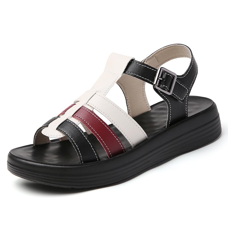 Women's Summer Black Leather Sandals Elevator Casual Slip On Plus Size Brown Walking Minimalist Roman Sandals for Girl