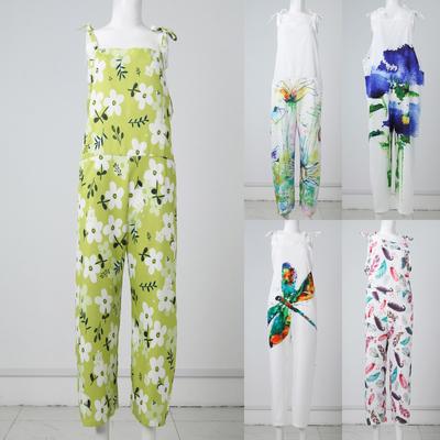 Women Sleeveless Jumpsuit with Adjustable Shoulder Straps Vintage Style Printed Cotton Fabric Summer Casual Wear
