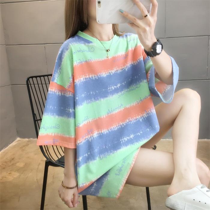 Color Stripes Contrast Color Summer 2025 Large Wide Women's Top Women's Short Sleeve T-Shirt Crew Neck