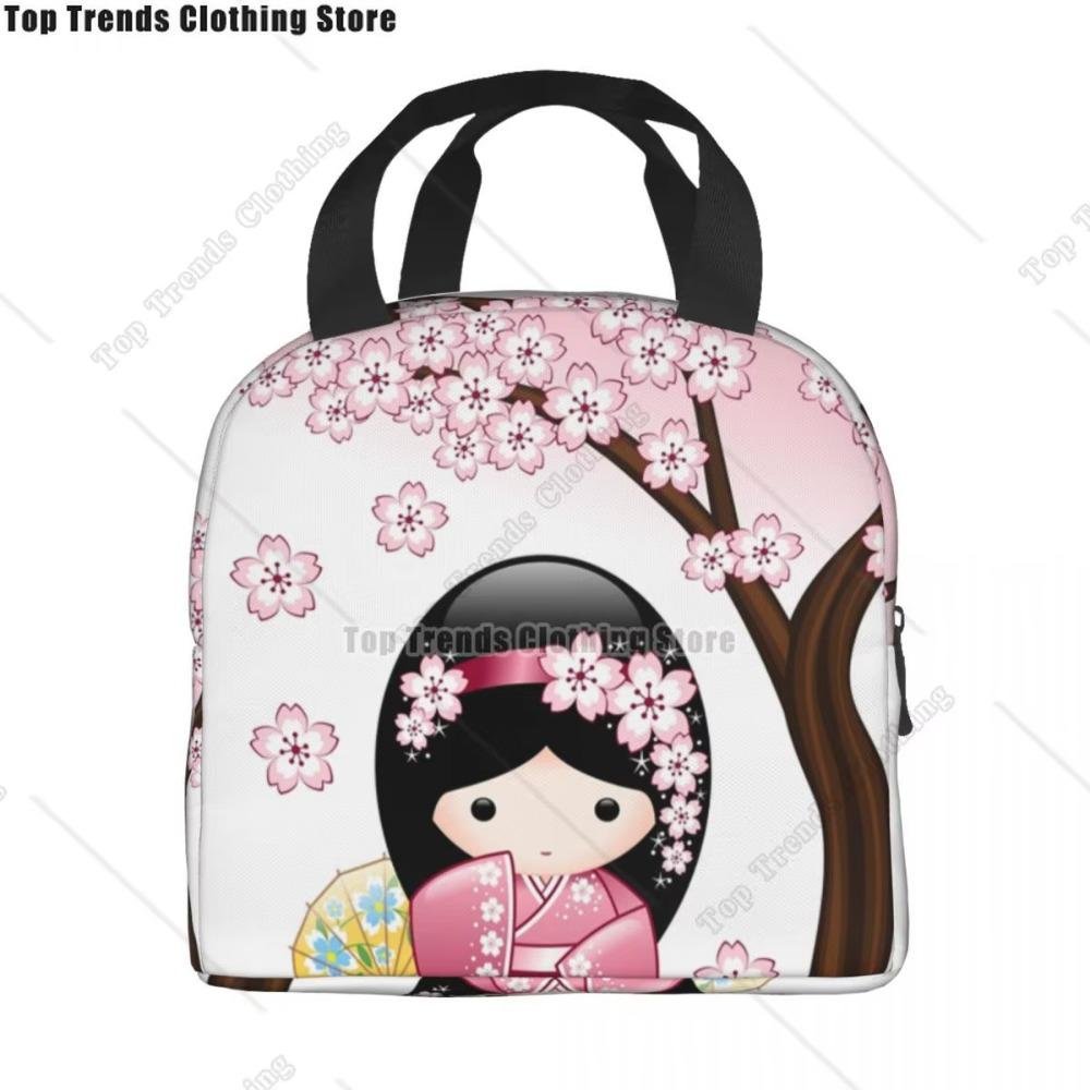 Japanese Spring Kokeshi Doll Insulated Lunch Bags Cute Girly Sakura Cherry Blossom Resuable Thermal Cooler Bento Box
