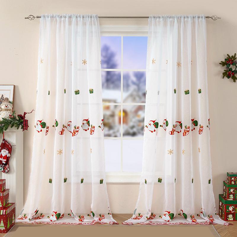 Christmas Santa Claus Embroidered Curtain American Style Festive Atmosphere Decor Sheer Pole Curtain for Living Room Bedroom