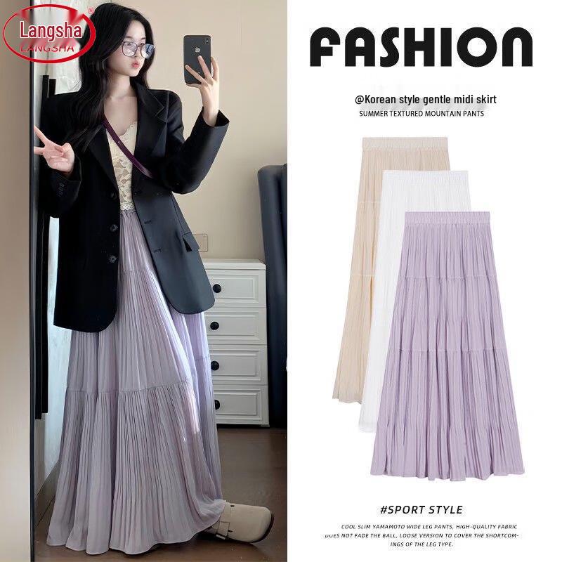 Langsha Women s Chiffon High-Waist Tiered A-Line Midi Skirt XL