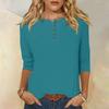 Women's Fashion Casual Round Neck 3/4 Sleeve Loose Color Button T-Shirt Ladies Top
