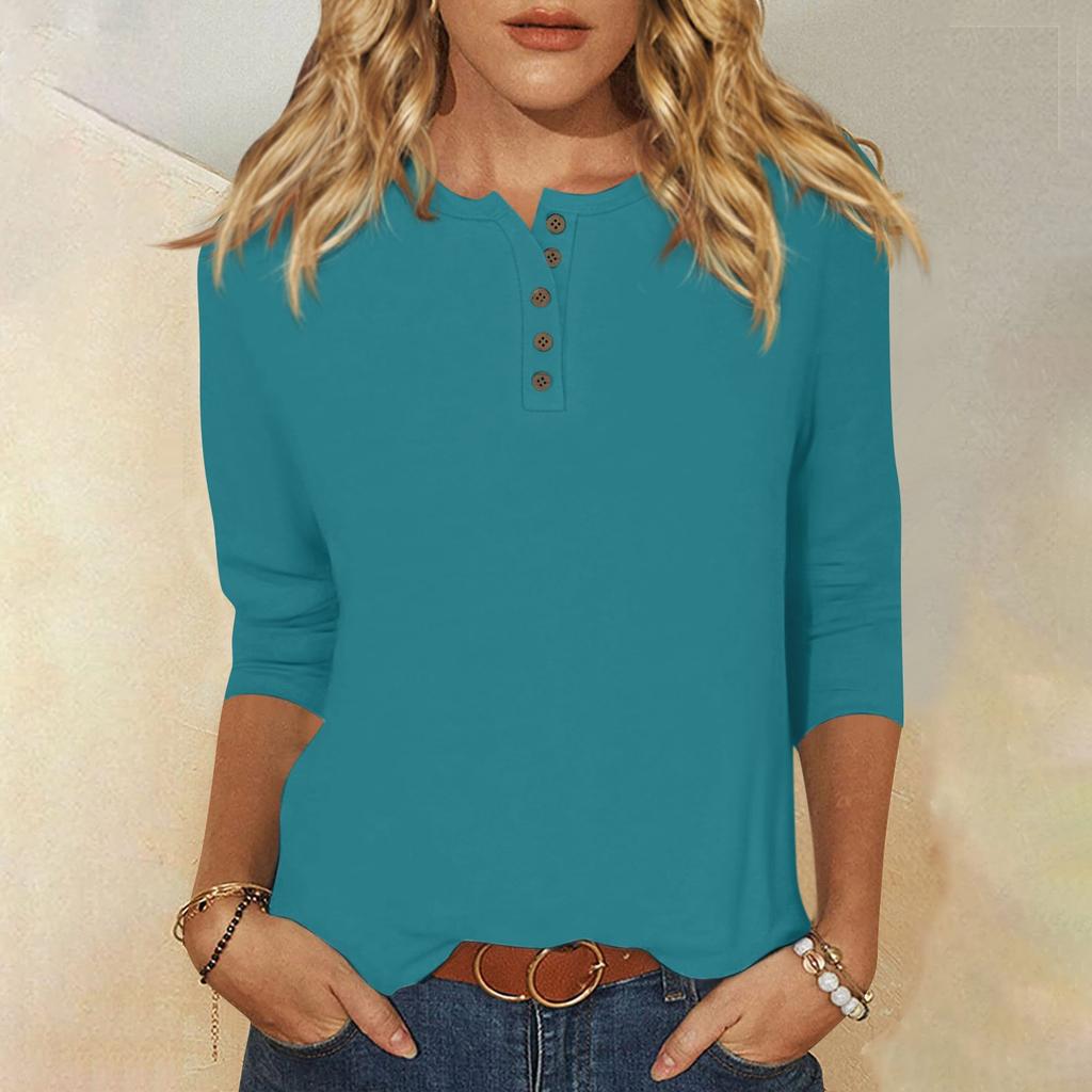 Women's Fashion Casual Round Neck 3/4 Sleeve Loose Color Button T-Shirt Ladies Top