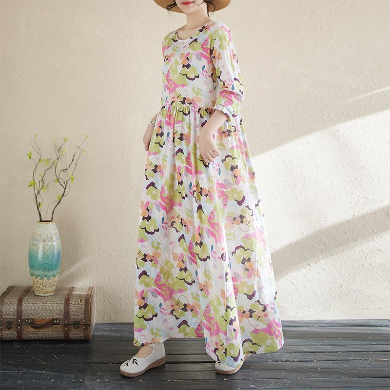 DIMANAF 2025 Women New Plus Size Spring Long Dress Vintage Basic Long Sleeve Loose Casual Maxi O-Neck Printing
