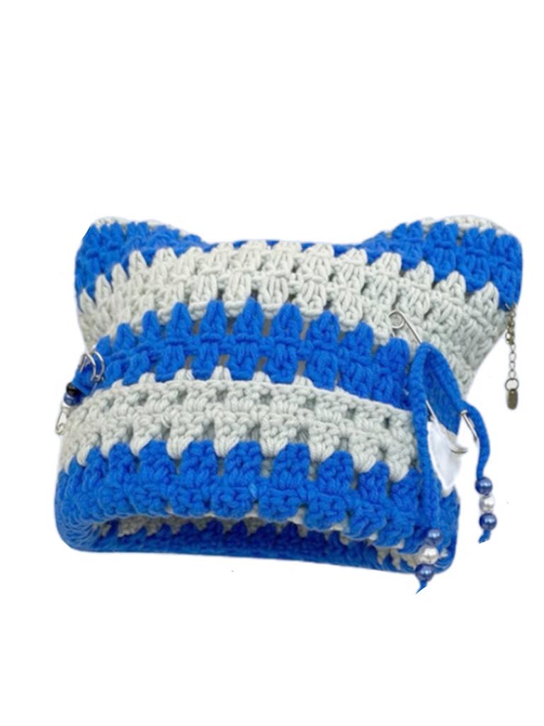 Neutral Hand Crocheted Knitted Pullover Hat with Detachable Metal Pin Tassel Y2K Street Fashion Hip Hop Hollowed Punk Style