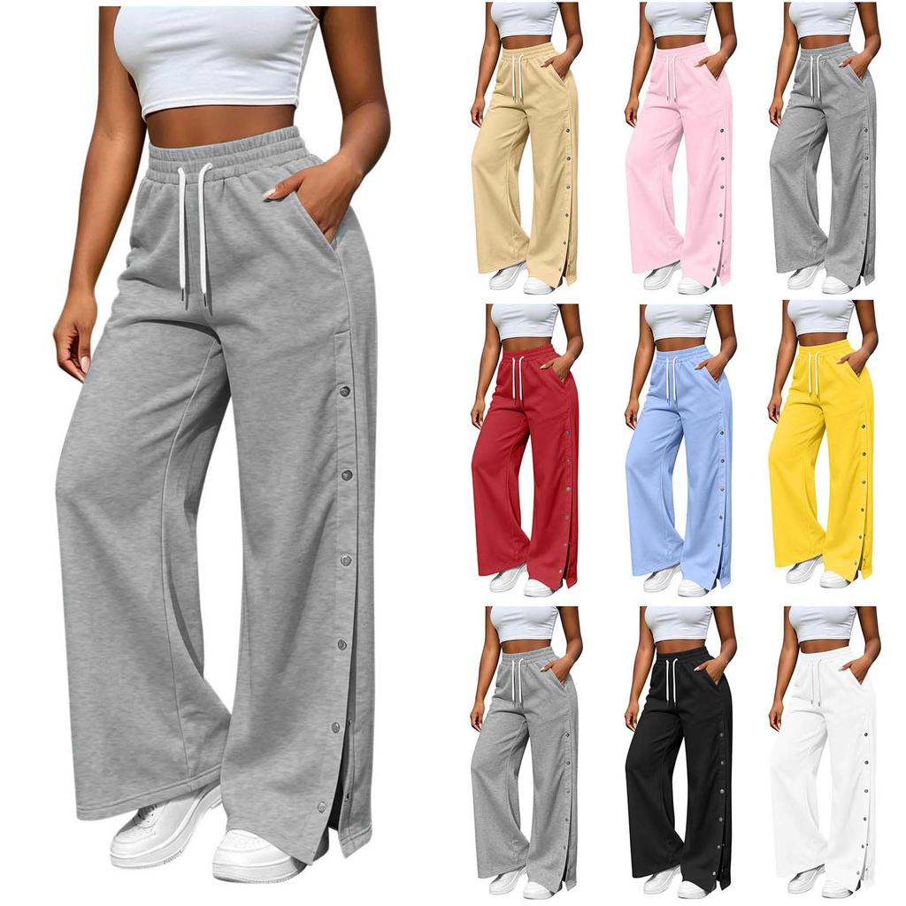 Women's Casual Color Wide Leg Pants with Side Buttons Loose Fit Trousers for Everyday Wear