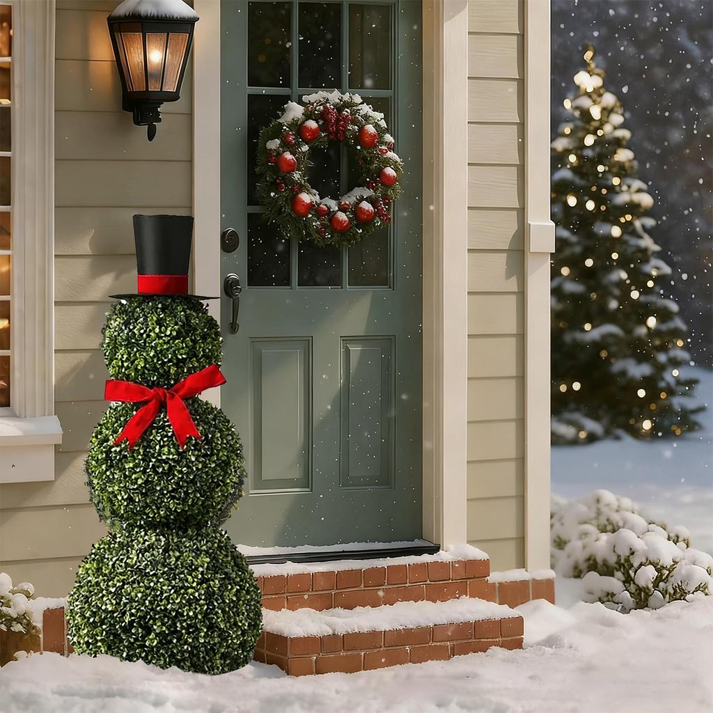 Christmas Artificial Snowman Shaped Topiary Tree Pot with Red Bow Faux Plant for Indoor Outdoor Home Porch Yard Holiday Decor