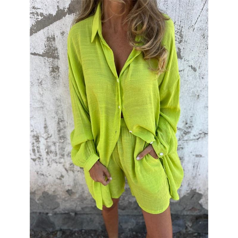 

Женский костюм с шортами, повседневный однотонный комплект из хлопка и льна с длинными рукавами и складками, рубашка и шорты XXXL флуоресцентный желтый