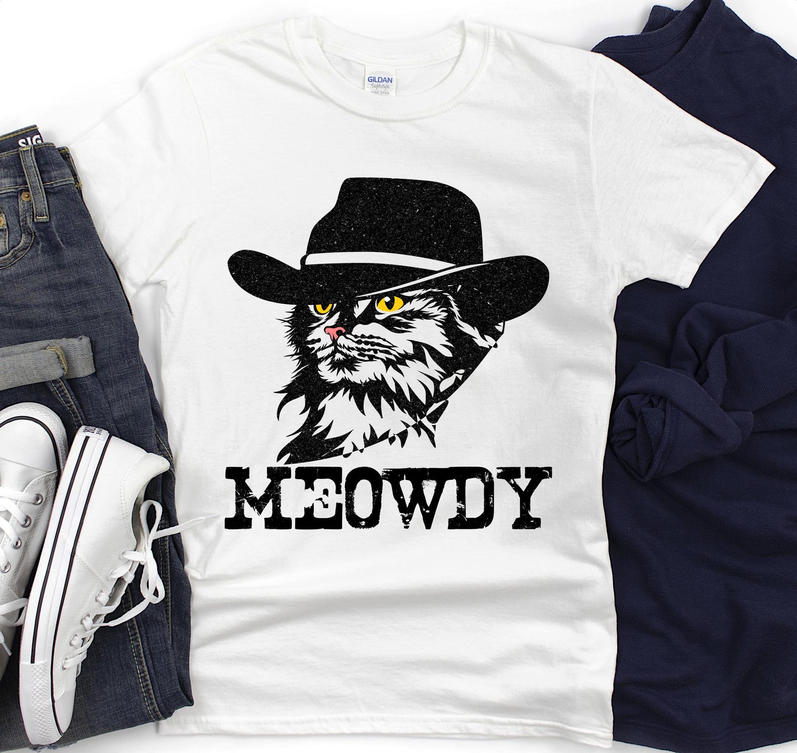 Meowdy Cowboy Cat T-Shirt | Funny Texas Graphic Tee XL