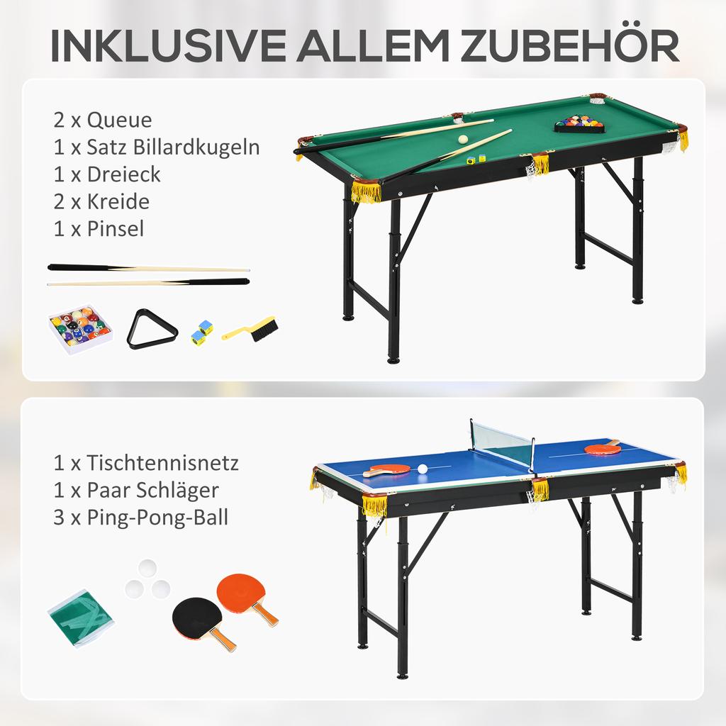 2-in-1 Billiard Table, Table Tennis Table, with Accessories, 140x63x80cm, Blue/Green