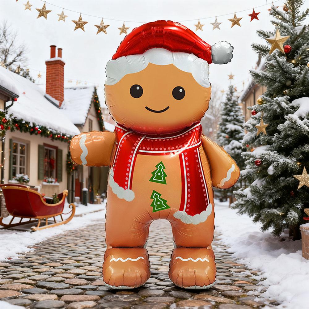 Standing Smiling Gingerbread Man Aluminum Foil Balloon, Suitable for Christmas Party Decoration, Christmas New Year Balloon