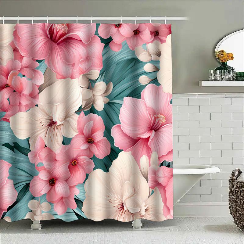 Luxury Bathroom Decor Shower Curtain Floral Print Home Decoration Waterproof Bath Rug Set For Kids And Adults Pink White Green 6
