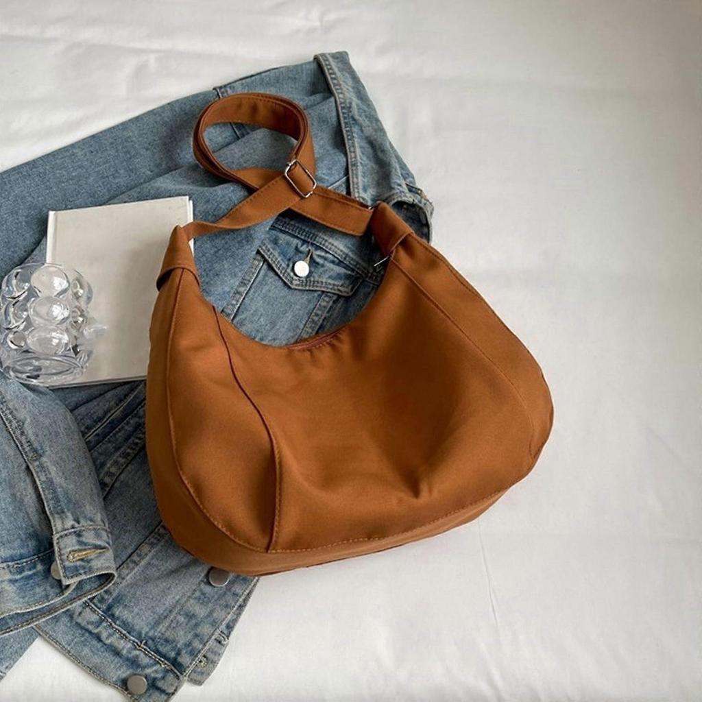 Japanese Harajuku Half Moon Bag with Adjustable Strap Large Capacity Canvas Solid Color Crossbody Shoulder Bag for Unisex  Khaki