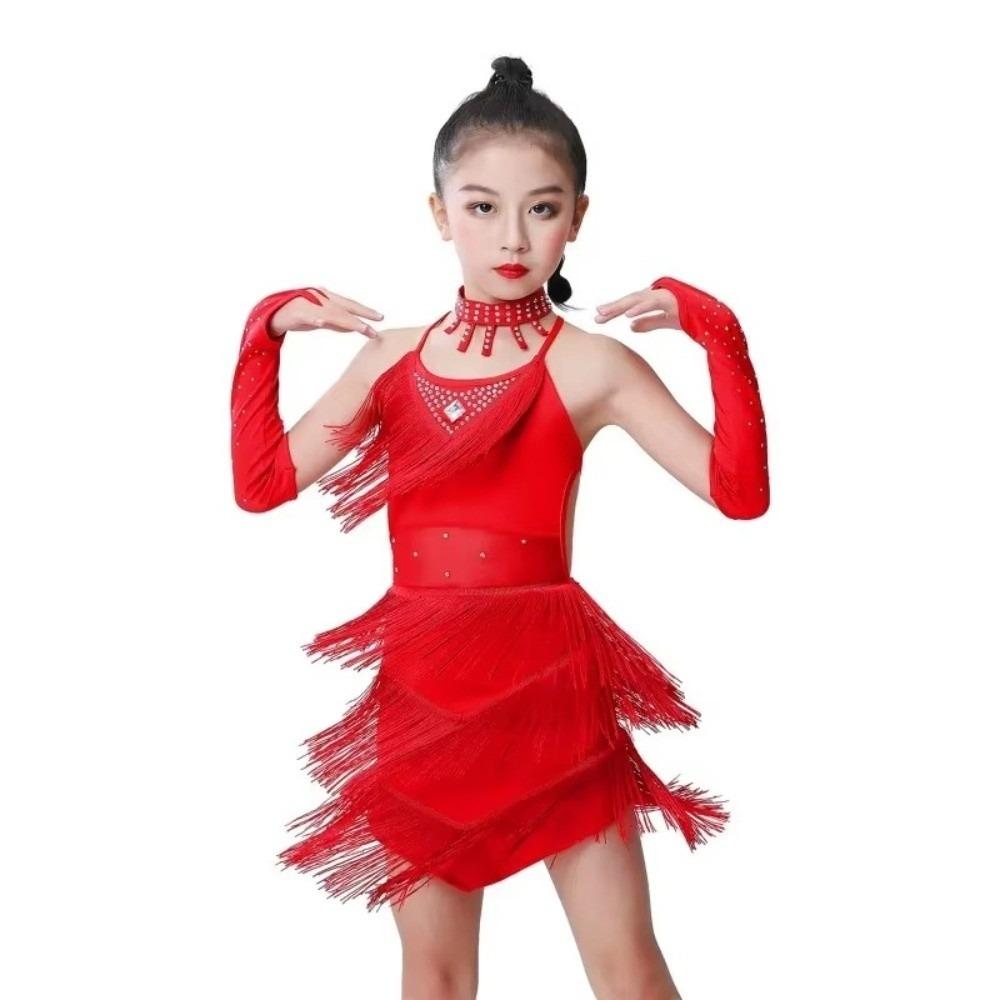Solid Color Latin Dance Dress Halter Sleeveless Tassels Dance Costume Sequins Shiny Diamonds Performance Costumes 160cm