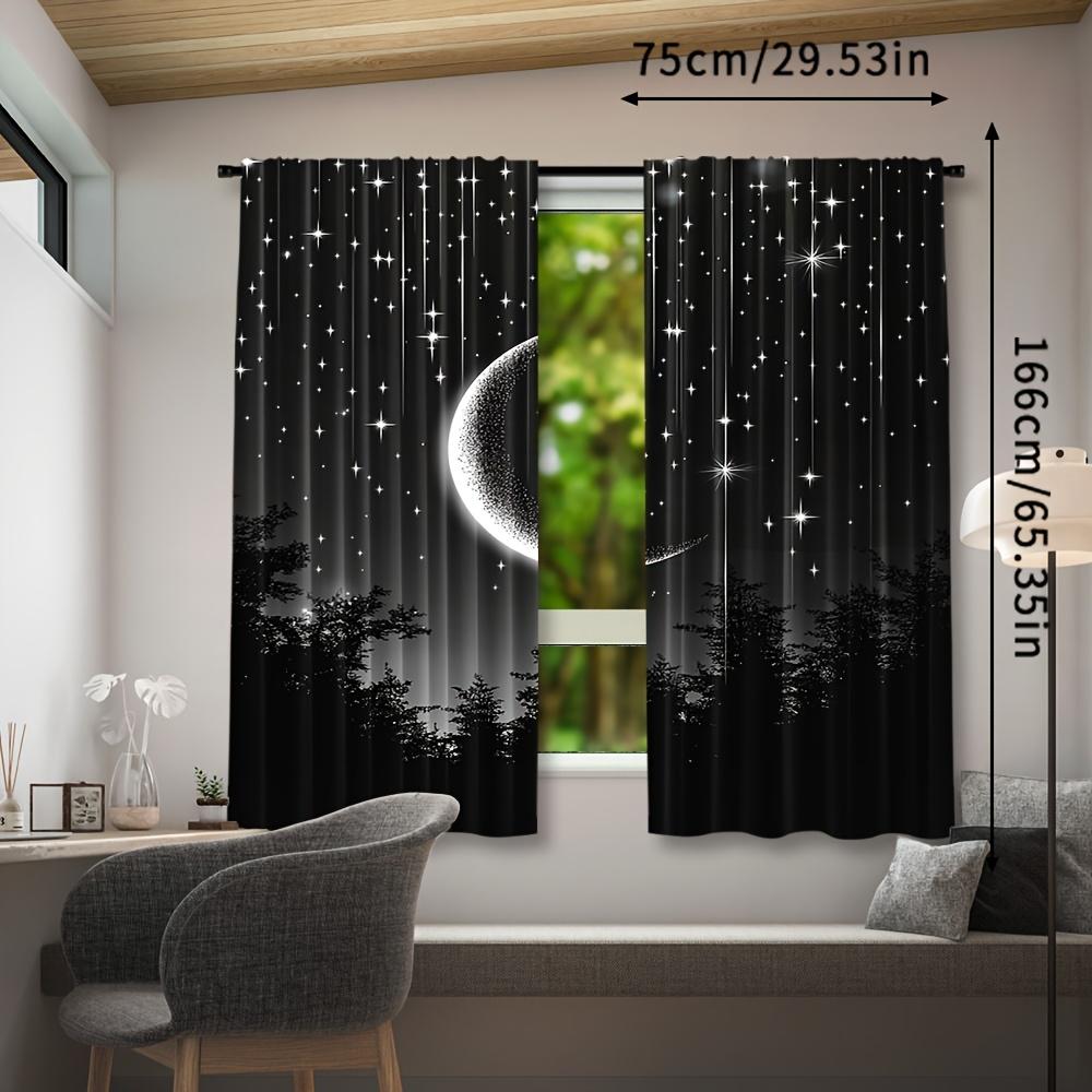 2Pcs Polyester Starry Night Moon Printing Window Curtains Birthday Party Decoration Backdrop Drapes for Living Room