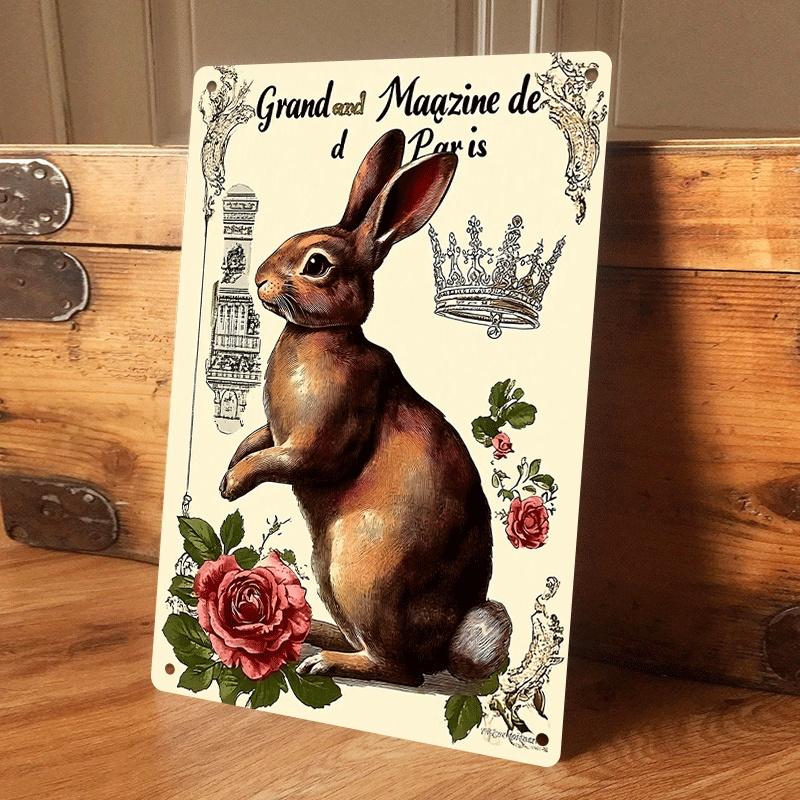 

1 piece: French retro court style rabbit tin painting plaque, European style crown and rose decorative painting, living room/ent (as the picture,20x30cm)