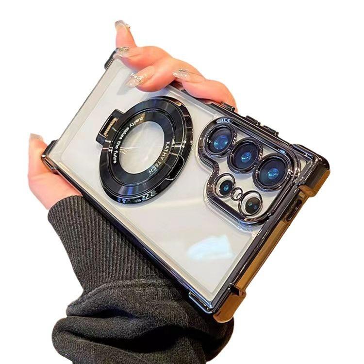 Suitable for Samsung S25Edge Mobile Phone Case Electroplated Magnetic Bracket S23Ultra Four Corner Airbag S24 Transparent New Model