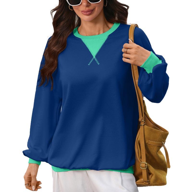 Women Loose Color Block Crew Neck Long Sleeve Casual Pullover Sweatshirt