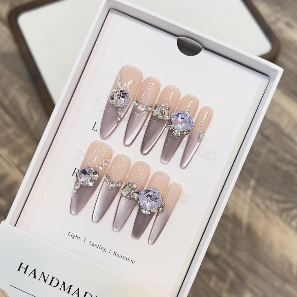 Handmade Purple Cat Eye Zircon Nail Stickers - Removable and Stylish