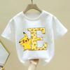 Pokemon Pikachu T-shirt Children A-Z Letter White Clothes Round Collar Clothing Kids Short Sleeve Cartoon Partern Summer Tee Top