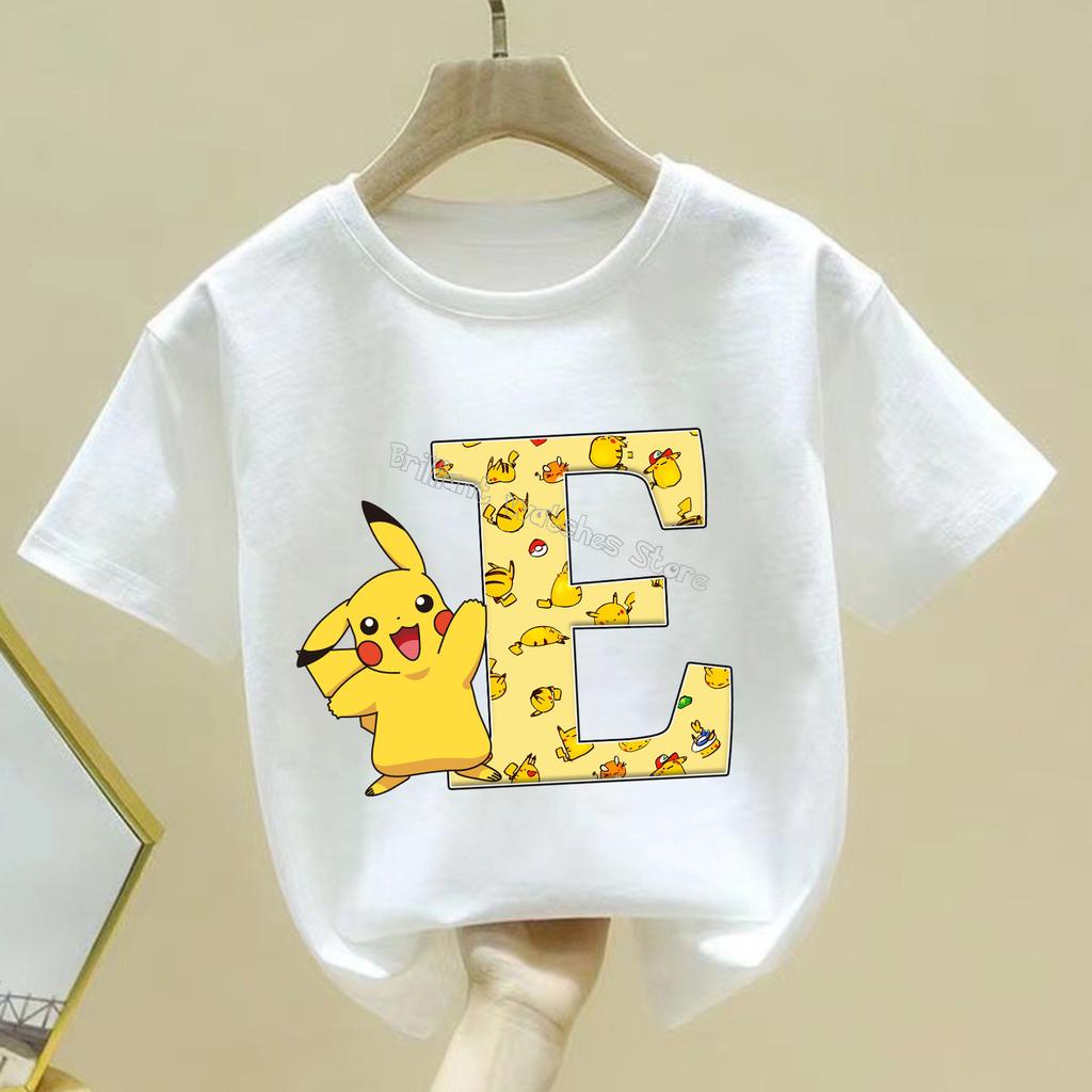 Pokemon Pikachu T-shirt Children A-Z Letter White Clothes Round Collar Clothing Kids Short Sleeve Cartoon Partern Summer Tee Top
