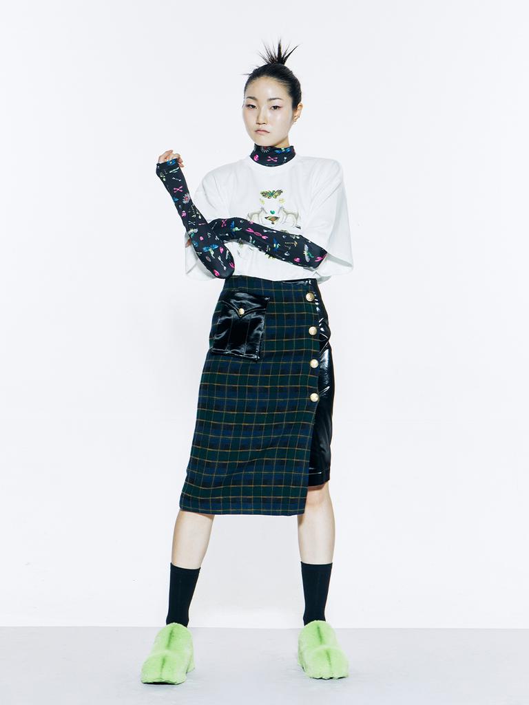 Vegan Tiger Gold Button Check Midi Skirt (Dark Green)