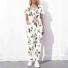 Women Plus Size White Floral Printed Scrub Set Cutout Neck Short Sleeve Pocket Top Long Pants