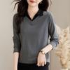 Women Long Sleeve Polo Collar Fake Two Piece Casual Top