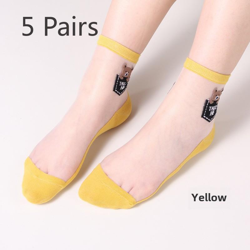 

5 Pairs Spring and Summer Fashion Bear Breathable Crystal Wire Cooling Glass Wire Women s Mid-tube Socks 5 Pairs жёлтый