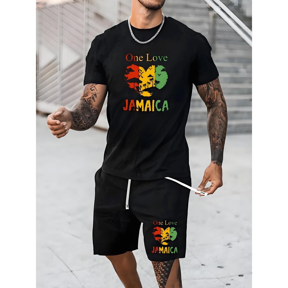 Fashion Colorful Love Graphic T-shirt Shorts Set Summer Sports Short Sleeve Shorts 2-piece Set Men's Quick Dry Sportswear Suit