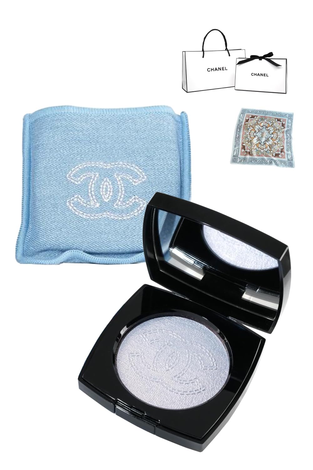 with a shopping CHANEL Coco Denim Special Limited Edition Highlighter with Original Scarf Gift Present [Comes bag] - (Coco Denim)